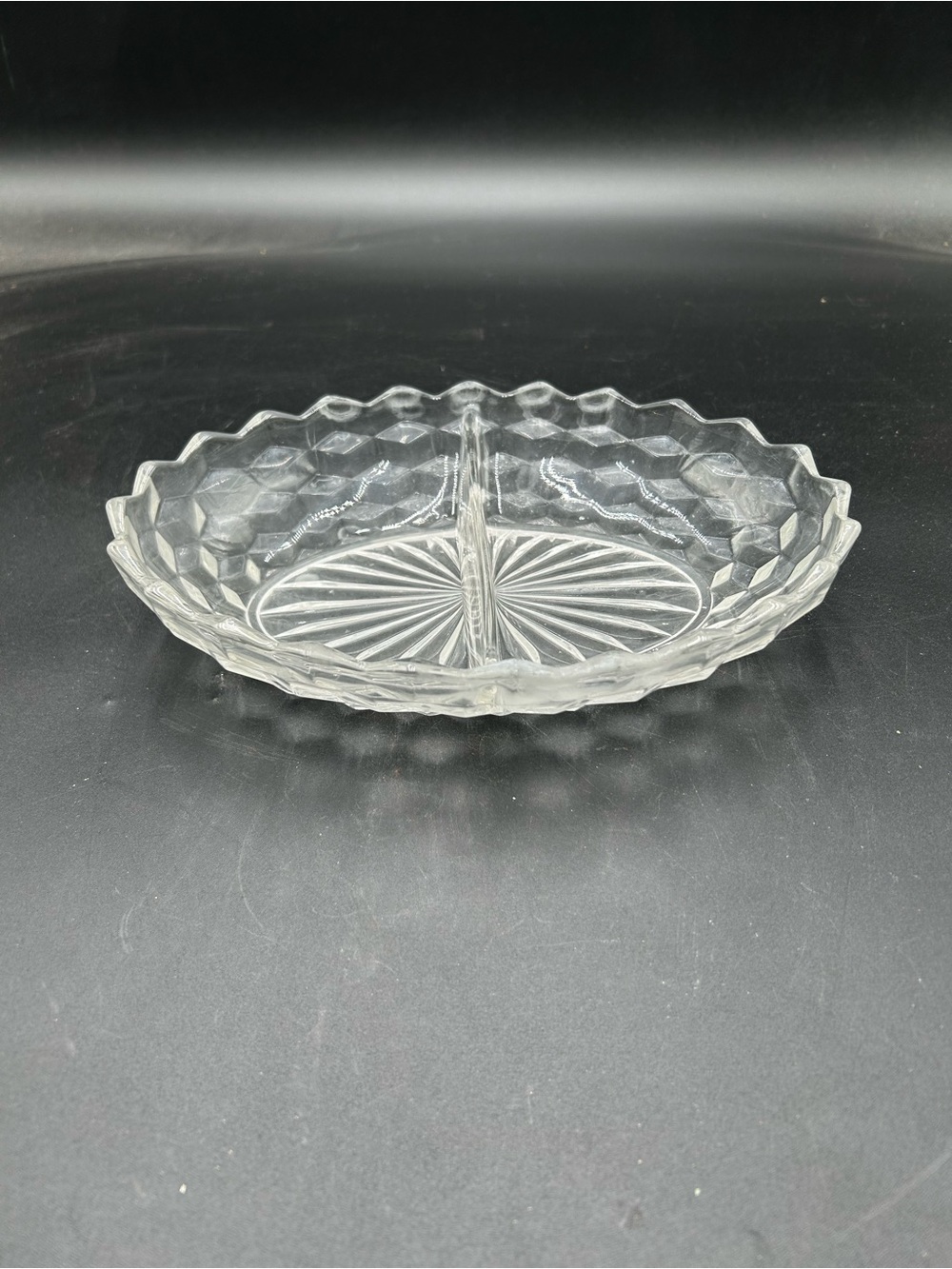 Fostoria American Clear Glass Divided Serving Dish relish- Scalloped Edge